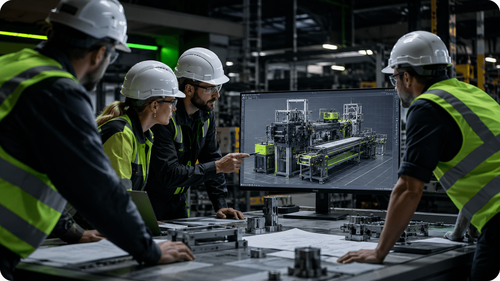 Equipe de engenharia analisando um projeto industrial em ambiente fabril